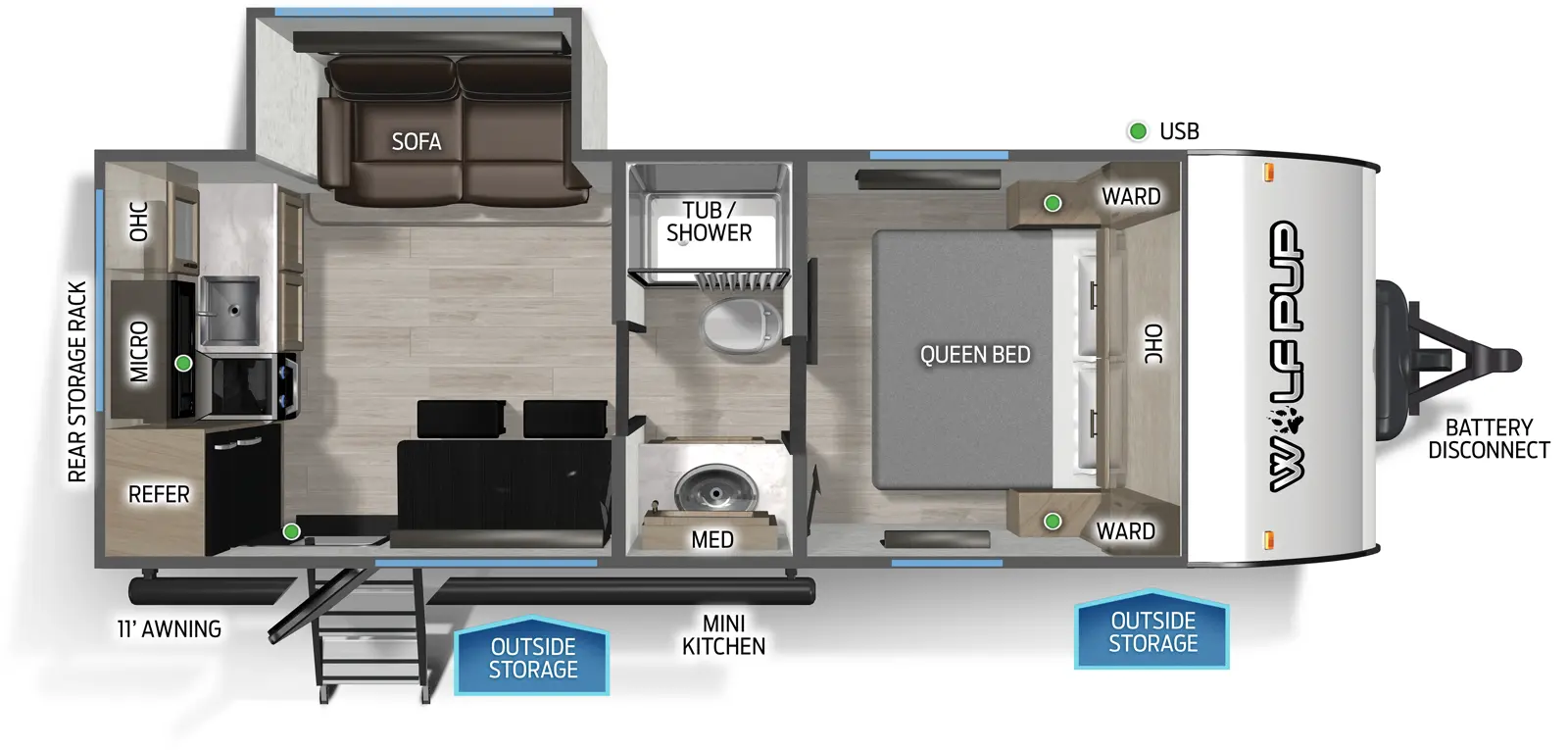 The Wolf Pup 17SC floorplan has one entry and one slide out. Exterior features include: metal exterior, 11' awning and outside kitchen. Interiors features include: rear kitchen, front bedroom and pass through bathroom.